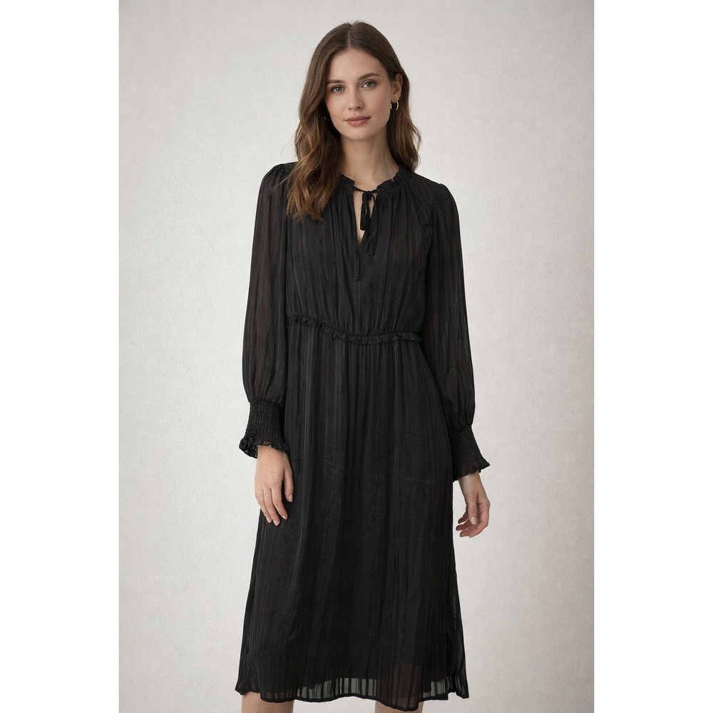 NWT En Creme Black Metallic Ruffle Tie Neck Midi Dress Medium Whimsigoth Vampire